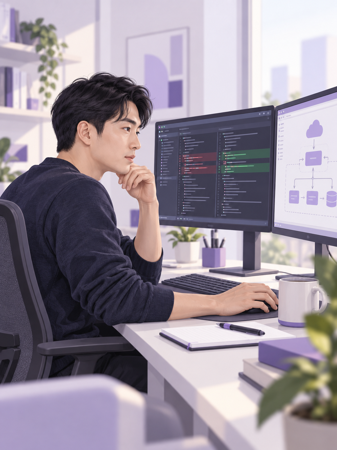 全栈工程师审阅代码与架构的工作场景示意
